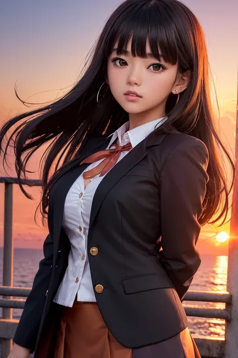 ((high quality)), ((Sunset background:1.3)), (Detailed face), (Side light),(One girl), (Bust Up),(black髪),(Heavy bangs), skirt、blazer、white、black、red、