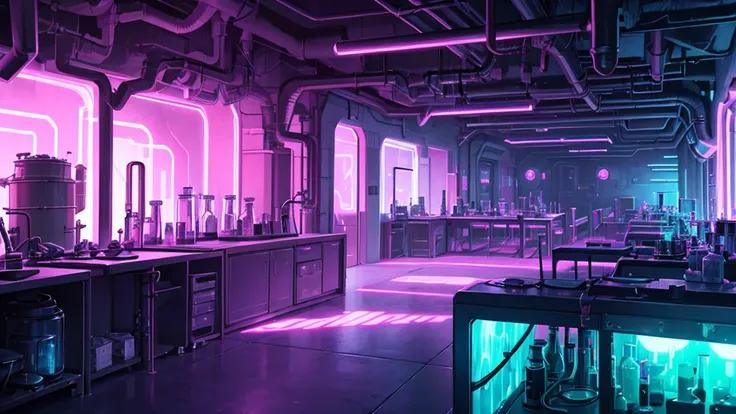 glowing magical liquid tubes and tankers, a close up of a room with chemical cyberpunk laboratory, alchemical and chemical industrial appliances, purple liquid lava lamp glass tanker, green and purple lights, neon sign, alchemy room. underground alchemy la...