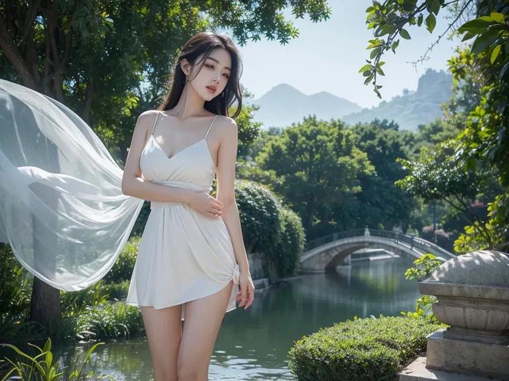 Romantic Rose White Dress 2, Deep in Wonderland，The moonlight falls like water，foggy room，The figure of the heroine is vaguely visible，Just like the fairy in the painting，Slender sexy legs，Very beautiful legs，Show sexy，Large Breasts，Beautiful with a hint o...