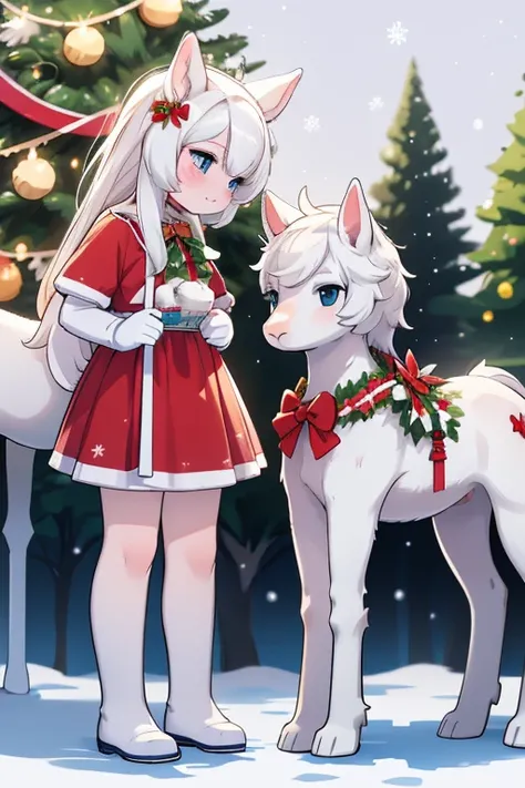 Pure white mare and foal　Thoroughbred parent and child　white christmas night　A pure white horse dressed as Santa Claus　Foal dressed as Santa Claus　Horse parent and child　A pure white horse wearing a Santa Claus costume　Christmas Cake　Christmas tree　illumin...