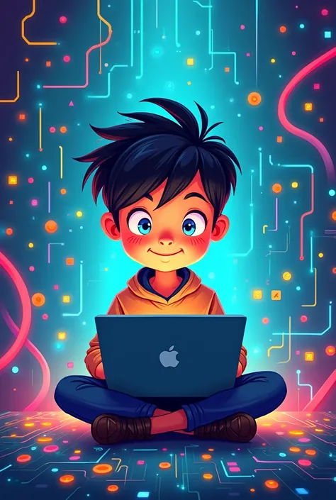 I create a boy cartoon image with hand laptop also unique, like coding vibe 