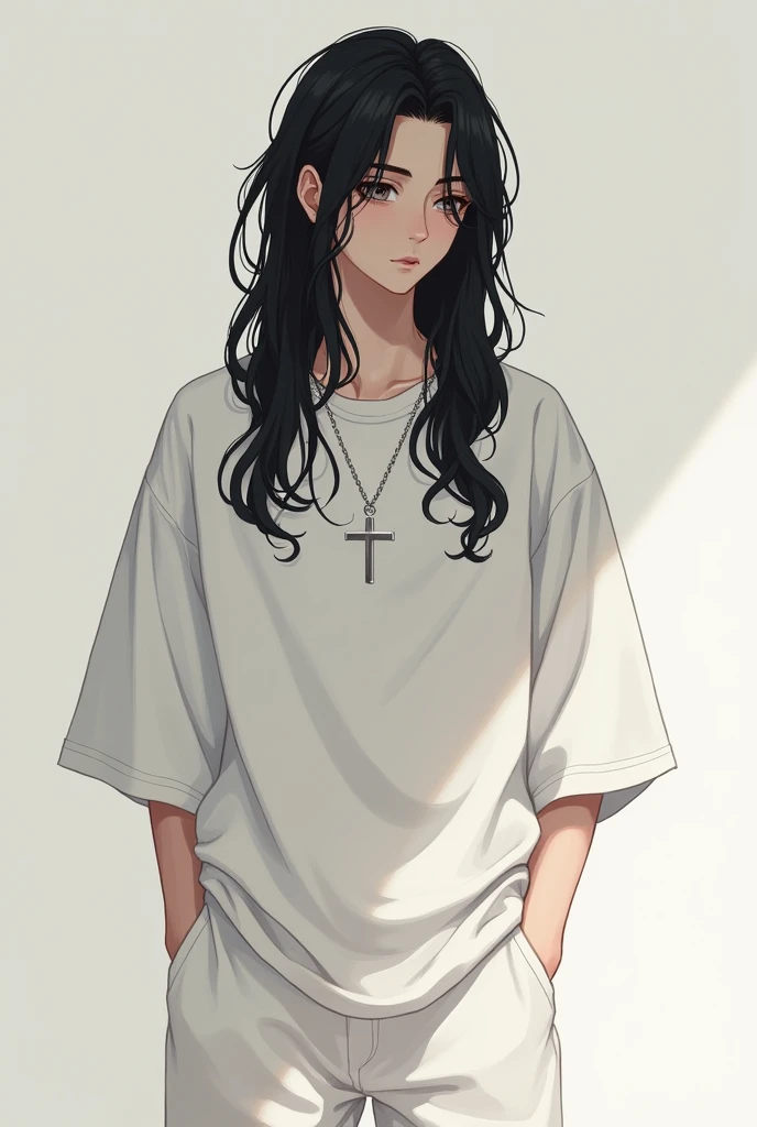 Teenage boy with long black hair wearing loose white t-shirt with white pants with cross chain around neck 