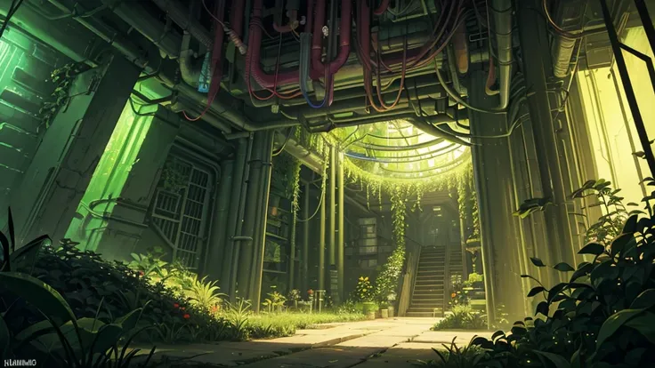 underground weird plant farm, a close up of an underground room with plants farm, industrial cyberpunk aesthetic, industrial underground plant farm, a lot of plants growing, tall grass, big bushes, multi-color plants, fruits, aclhemical glowing liquid tube...