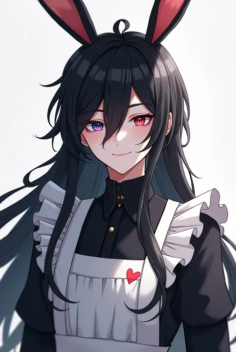 Long black hair reaching down to the shoulders, A young man with a beautiful face and rabbit ears is wearing a maid outfit and smiling prettily, Red Blue Odd Eye, 