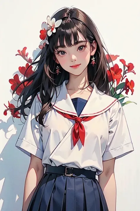 (1 girl、alone、whole body、natural standing posture)、(whole body:1.4)、(Portraiture:1.2)、(Detailed facial depiction、A kind smile)、Short dark brown hair、White Sailor Suit、Navy blue sailor collar、uniform、Long skirt、Pleated skirt、shoes、(Red canna flowers bloomin...