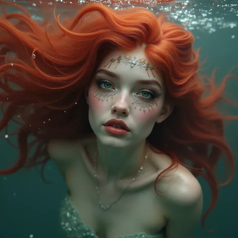 Mermaid beauty with mermaid makeup her red  hair floating in water 