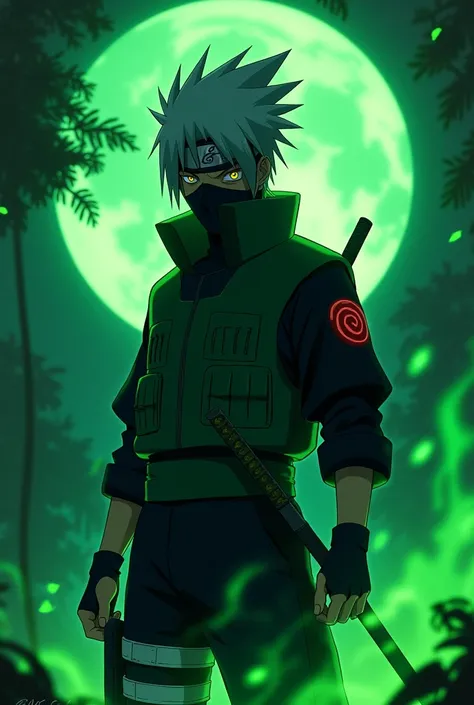 Kakashi green colour neon background in forest at night under the green moonlight with killer pose only upper body wearing anbu black ops outfit whit green fire in katana and green colour fire effect in body
