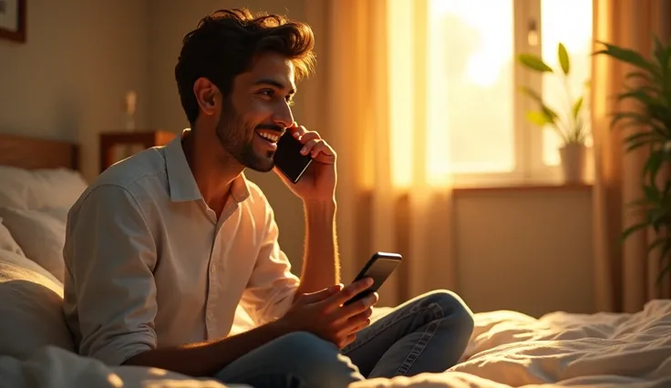 Getting the Interview Call: Rahul, sitting on his bed, looks surprised and joyful as he receives a phone call about a job interview. His eyes are bright with hope, and sunlight is streaming through the window.