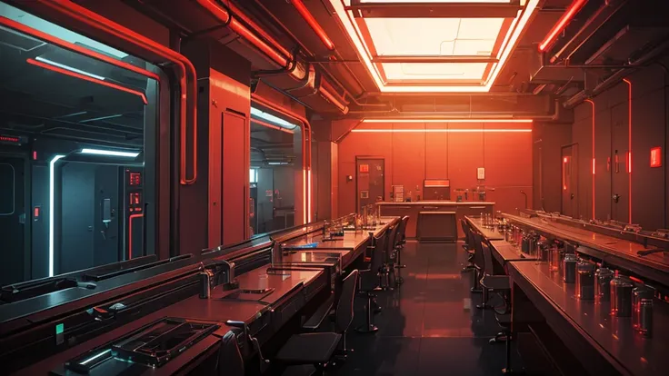 minimalistic corporate dark cyberpunk bio-laboratory, sci-fi dark genetic laboratory, a close up of a room with chemical cyberpunk laboratory, transparent pool with glowing red liquid, red lights, sci-fi chemical industrial appliances, alchemy room. underg...