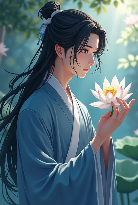 An calm man, Chinese style hair bangs parted in the middle and hanging over his ears, Long hair black color, gray eyes wearing a blue clan shirt, One of his hands holds a white lotus flower while smiling, Chinese style Full body, chinese anime.