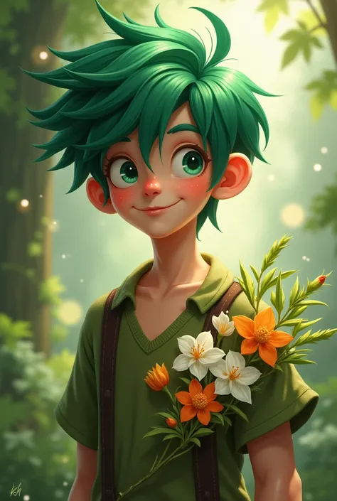 A young man with green hair hiding a bouquet behind his back