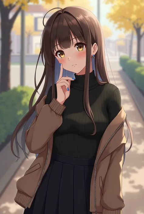 rolua,, , 1girl, ahoge, bangs, black skirt, black sweater, blue nails, blurry, blurry background, breasts, brown eyes, brown hair, brown jacket, closed mouth, dated, day, depth of field, earrings, eyelashes, hand up, head tilt, jacket, jewelry, long hair, ...