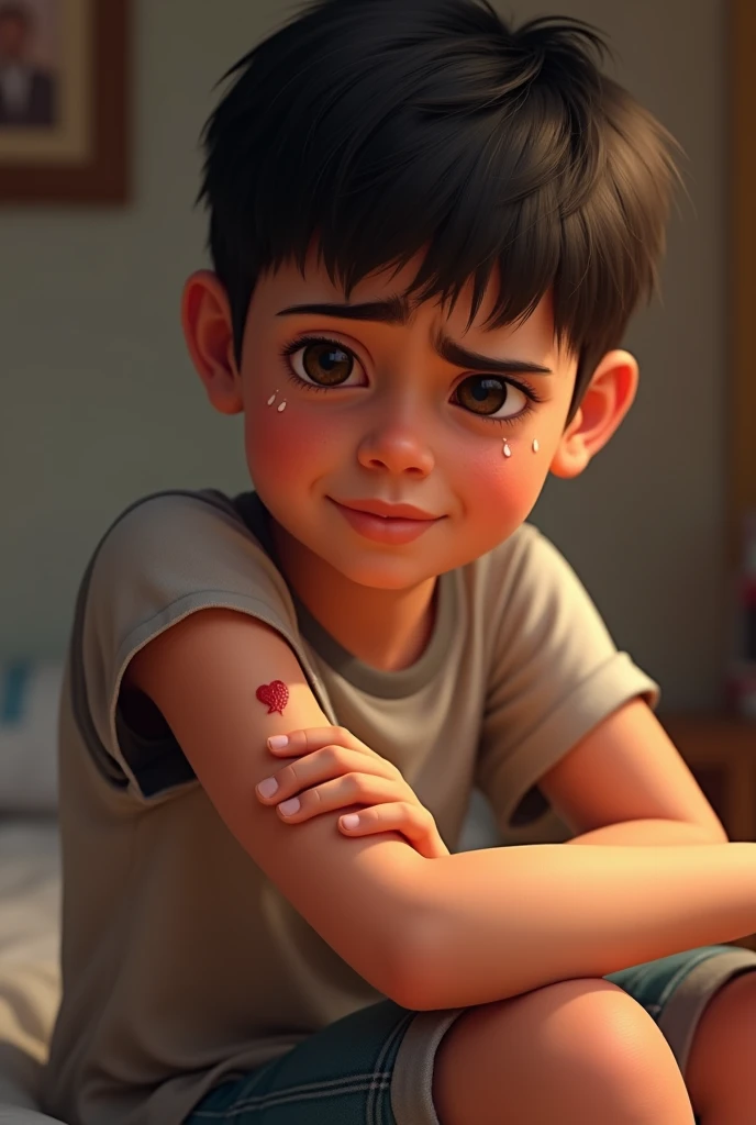 Boy showing small cut on his biceps and tears in his eyes