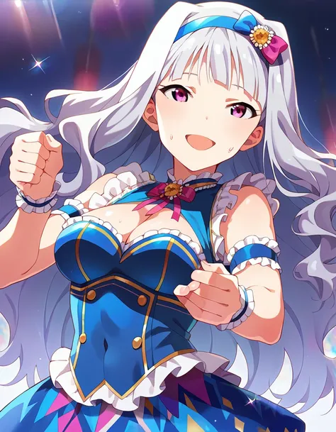 Score_9, Score_8_Excellent, Score_7_Excellent, sauce_anime,
pinExcellent of 1girl, Alone, 
 Sensitive，Viewer discretion advised，Live Stage，Light up，psychedelic，dance，sing，Idol Costumes，Frills，Big smile，Open your mouth，sweat，
 seven, Very long hair, Grey Ha...