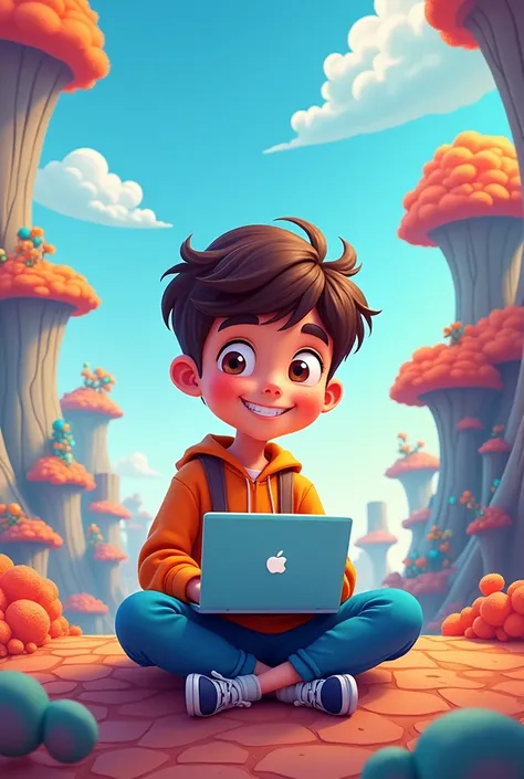 I create a boy cartoon image with hand laptop also unique, withdrawal background 