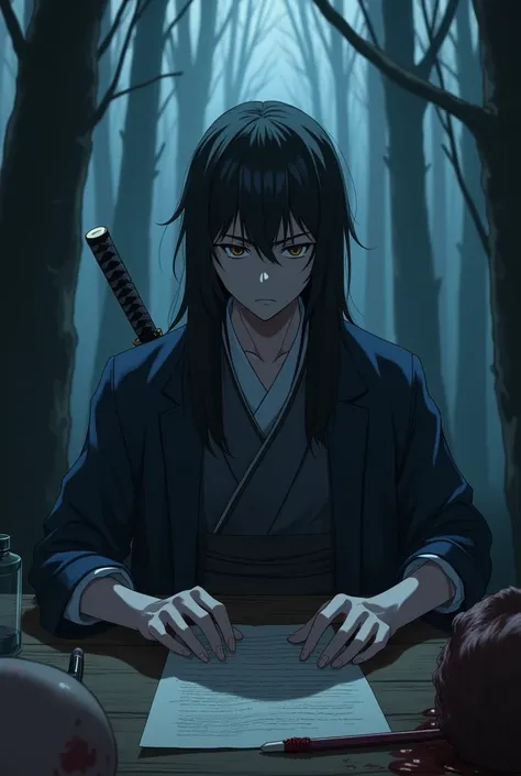 Create an anime-style, samurai boy figure with an emotionless expression, dressed in an oni uniform. The samurai has long hair and is sitting behind a desk in a forest at night. The scene should be highly detailed, rendered in 8K quality, and viewed from a...