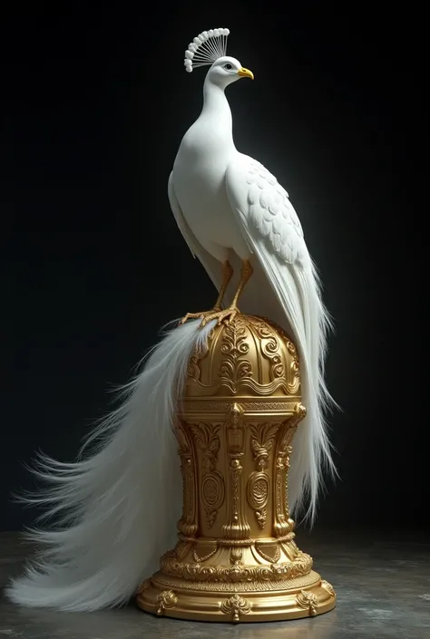 White peacock golden statue , medieval era , extra detailed , black background,