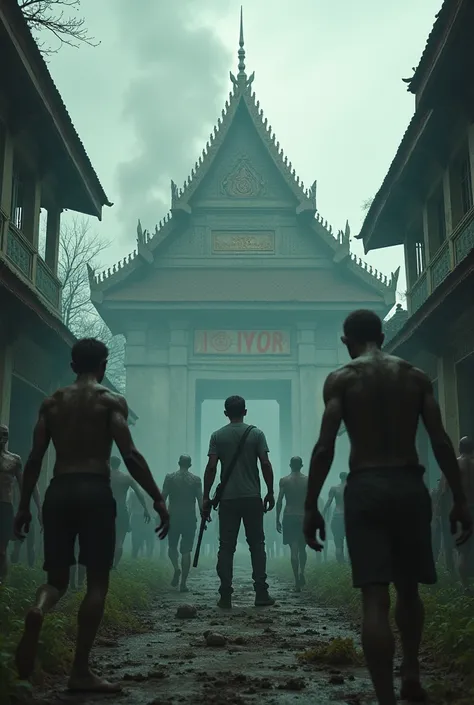 "A dramatic scene of a zombie apocalypse in Thailand. In the center, a lone man stands with a determined look, gripping a weapon, surrounded by chaos. The backdrop features a traditional Thai temple, partially destroyed, with smoke rising and overgrown veg...