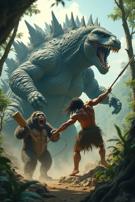 Tarzan and zakuka attack at Godzilla with weapons 