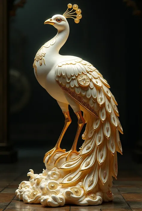  golden statue of a white peacock , medieval era , extra detailed , black background,