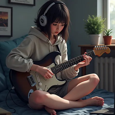 Cross-legged、Electric guitar、Shortcuts、hoodie、One girl, headphone