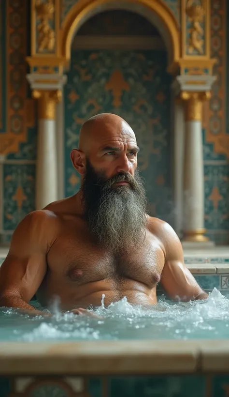 A middle-aged man with a long beard and a shaved head is relaxing in a Roman bath　They are both Oriental and have lots of chest hair.　Smelling armpit hair　Bushy chest　