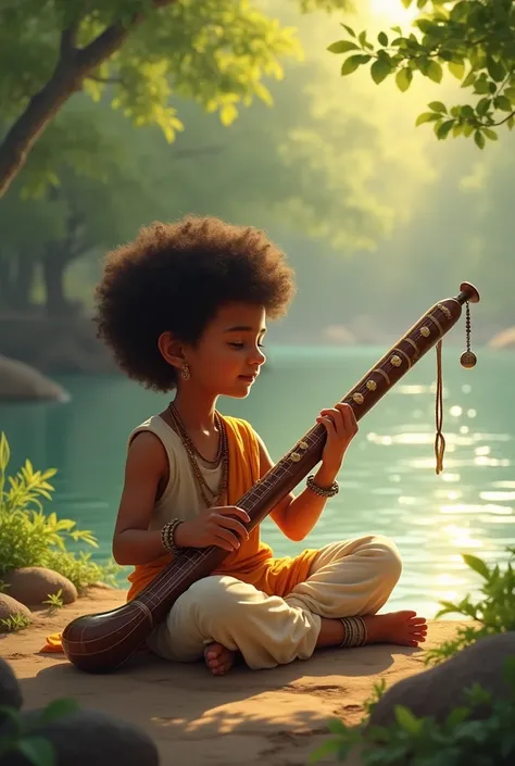 A boy curly hair skin dusky, plays bansuri near the river 