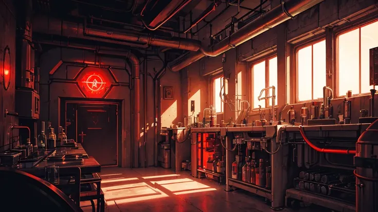 dark cyberpunk bio-laboratory, sci-fi fantasy magical alchemical dark genetic laboratory, a close up of a room with chemical alchemical fantasy cyberpunk laboratory, transparent pool with glowing red liquid, red lights, sci-fi alchemical arcaneindustrial a...