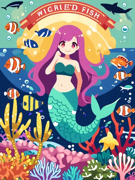 Postcard Design, Flat Design, Vector illustration, Graphic Illustration, Detailed 2D illustrations, Flat illustration, Digital illustration, Digital Art,人fish、Mermaid、In the sea、Magical underwater world painting、Colorful coral reefs、 fish, Dolphin、sea crea...