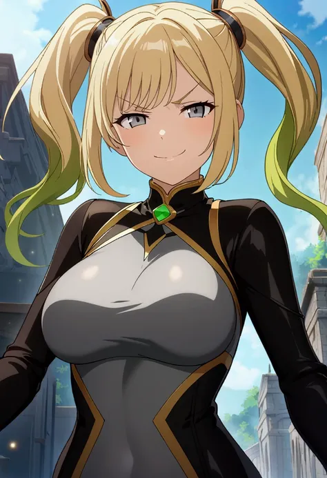 1 girl, blonde hair with green streaks, two pigtails, gray eyes, big chest, tight clothes, arrogant and smug smile, haughty smile, CG, screenshot