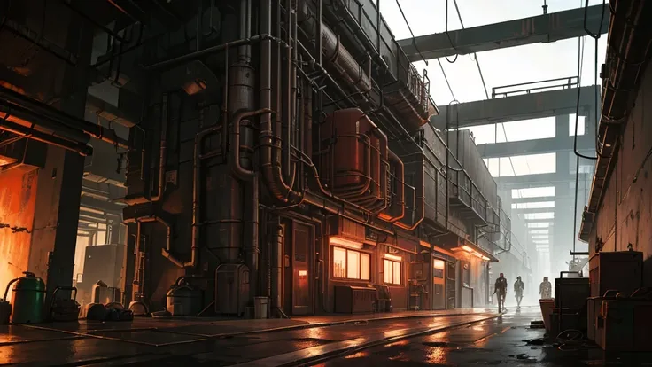 a corporate style industrial bandit hideout, underground military base, cyberpunk, industrial fantasy, red lights, industrial machinery, punk looking, a bit of rust,