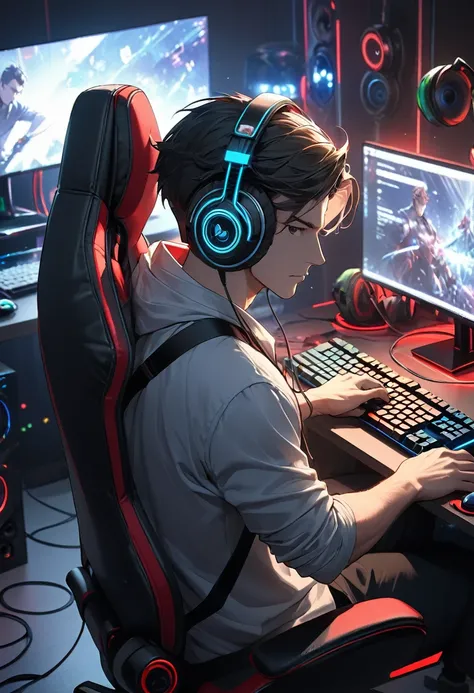 Wearing headphones, gameroomconcept, machine, computer, keyboard, Gaming Chair, RGB lighting, headphones best quality, masterpiece, Ultra-high resolution, Attention to detail,man, One person, Alone, Dark Room, Playing a game, gaming boy, YouTuber,Cool face...