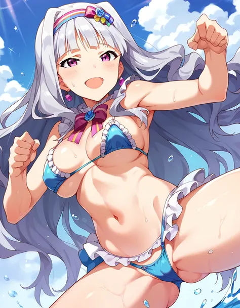 Score_9, Score_8_Excellent, Score_7_Excellent, sauce_anime,
pinExcellent of 1girl, Alone, 
 Sensitive，Viewer discretion advised，Live Stage，Light up，psychedelic，Idol Costumes，Frills，Big smile，Open your mouth，sweat，
 seven, Very long hair, Grey Hair, Wavy Ha...