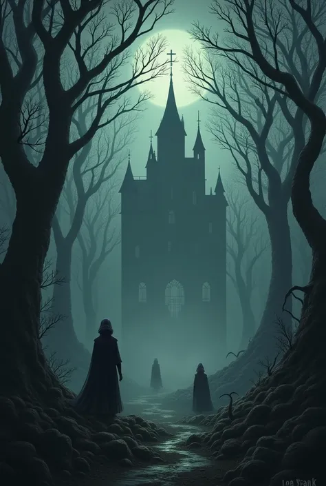 a fantasy world in dark colors, with a forest and a house or castle and figures of some fantastic animal or man or whatever