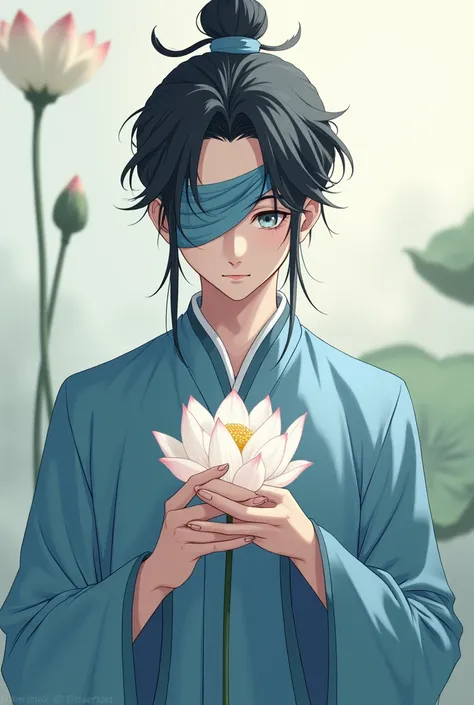 An calm man, Chinese style hair bangs parted in the middle and hanging over his ears, short hair and LONG AND LONG SIDE HAIR black color, gray eyes wearing a blue clan shirt, One of his hands holds a white lotus flower while smiling, Chinese style Full bod...