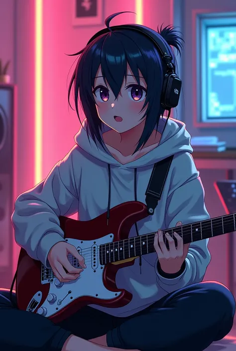 Cross-legged、Electric guitar、Half Up、hoodie、 headphone、Anime Style