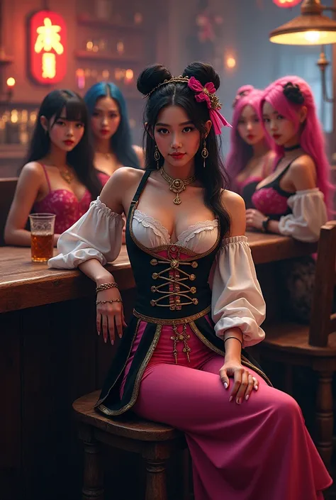 1680s pirate bar, featuring a pretty Asian girl 20yo,  wearing a pink & black pirate costume sitting on the wooden chair, with two gorgeous asian women to accompany her, ( 1/ one girl, blue half pink hair bun) and (2/ one girl, long black hightlight pink h...