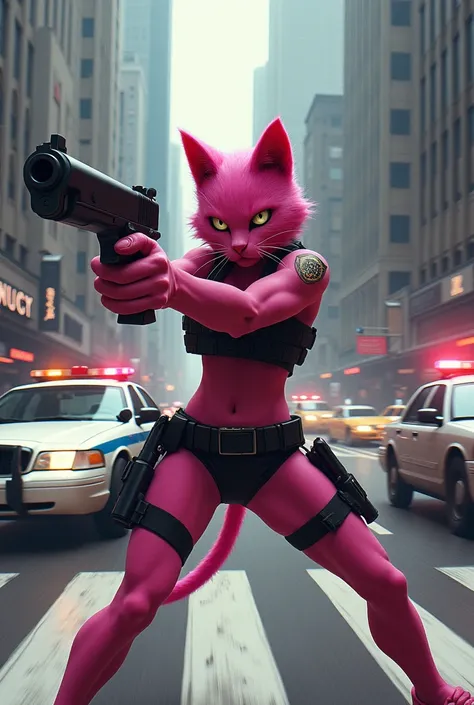 A pink cat like person big picture catch the gun like a soldier,in street big high buildings cars passing around chased by police cars running 