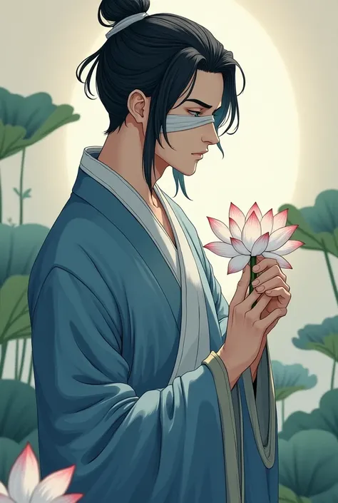 An calm man, Chinese style hair bangs parted in the middle and hanging over his ears, short hair and LONG AND LONG SIDE HAIR black color, gray eyes wearing a blue clan shirt, One of his hands holds a white lotus flower while smiling, Chinese style Full bod...