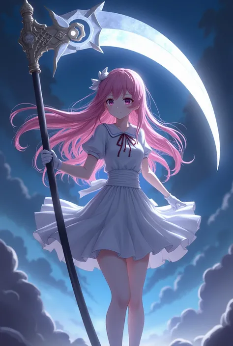 Night，Pink long hair anime girl，White short-sleeved school uniform，White pleated skirt，White gloves，white pantyhose，Holding a huge magic scythe￼