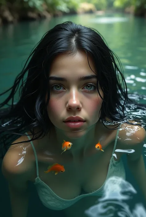 (Oeuvre) (Très réaliste) (Très détaillé) (Image 4K HD) Belle femme arabe, nageant dans la rivière avec le visage mouillé sous leau, de longs cheveux noirs mouillés, des poissons daquarium passant près de son visage, image comme une peinture de Léonard de V...