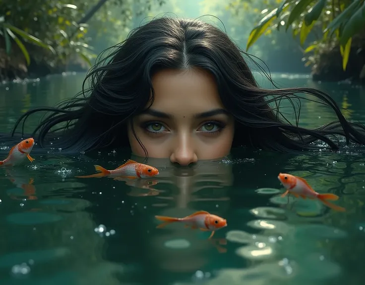 (Oeuvre) (Très réaliste) (Très détaillé) (Image 4K HD) Belle femme arabe, nageant dans la rivière avec le visage mouillé sous leau, de longs cheveux noirs mouillés, des poissons daquarium passant près de son visage, image comme une peinture de Léonard de V...