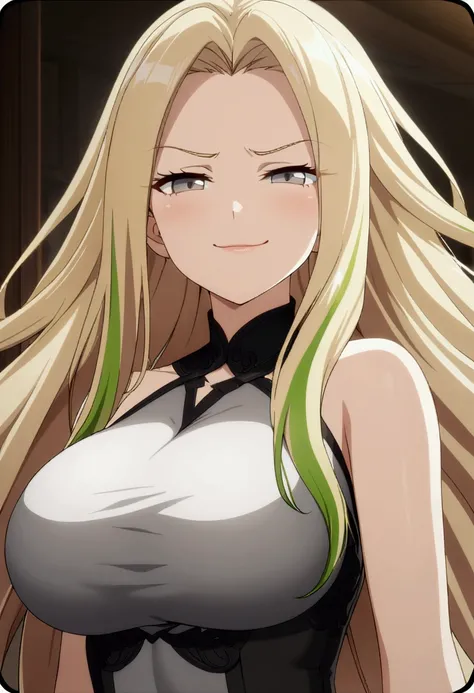 1 girl, blonde hair with green streaks, long hair, gray eyes, big breasts, tight and sexy dress, arrogant and smug smile, haughty smile, CG, screenshot