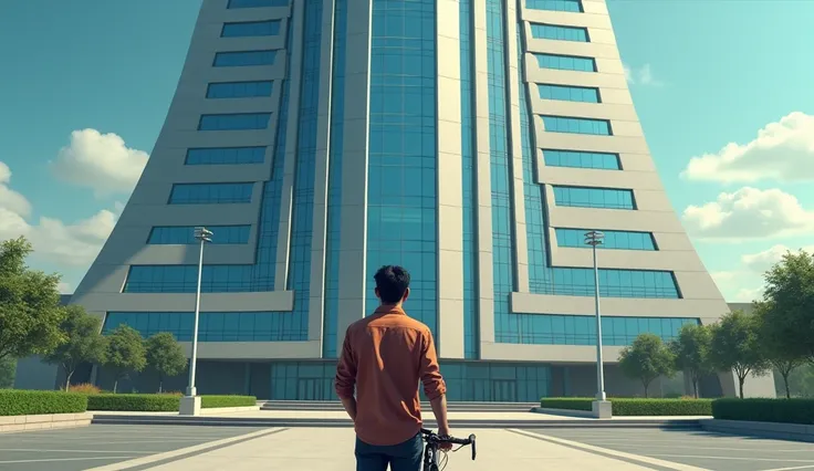 Reaching the Interview on Time: Rahul arrives at the company building just in time, parking his bike outside. The building looks grand and modern, while Rahul looks up at it with anticipation and faith.