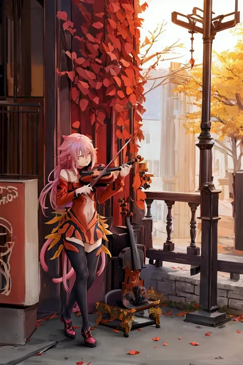 Anime girl, yuzuriha inori from guilty crown, (cat tail), ((playing on violin)), in the medival port, masterpiece, best quality