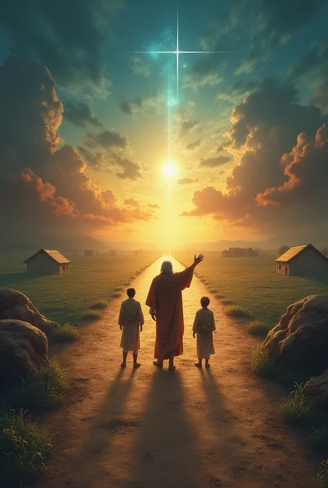 Prompt: Create an imaginative image representing the beginning of the Prodigal Son story. Depict a symbolic scene where the father and his two sons are positioned at a crossroads. The father stands at the center, holding out his arms, representing love and...