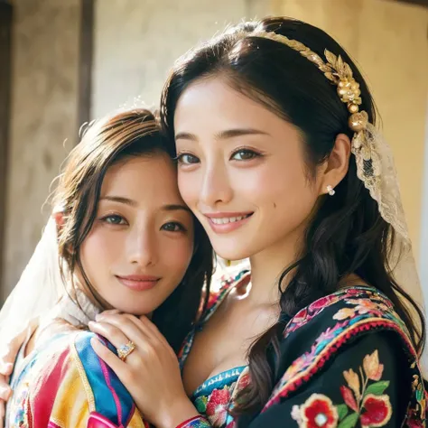 ((Best Quality)), ((masterpiece)), (detailed), （Perfect Face）、The woman is Satomi Ishihara, a beautiful Japanese woman with black hair, large breasts, beautiful proportions, and an engagement ring.、The woman is smiling and dressed in a gorgeous, glittering...