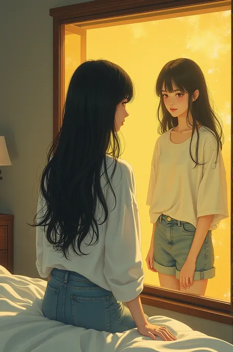 a traditional japanese painting of a young japanese woman, has long black hair with bangs, wears casual clothes and has brown eyes, inside of a bedroom and a very unreal gold-ish reflection of her window 