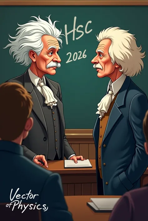 A thumbnail including Einstein and newton both are taking a lecture in Physics,Font HSC 2026 must written to the picture at the smart board  and Vector should also written to the thumbnail and a signature of Einstein write- Vector of Physics  and  HSC 26 