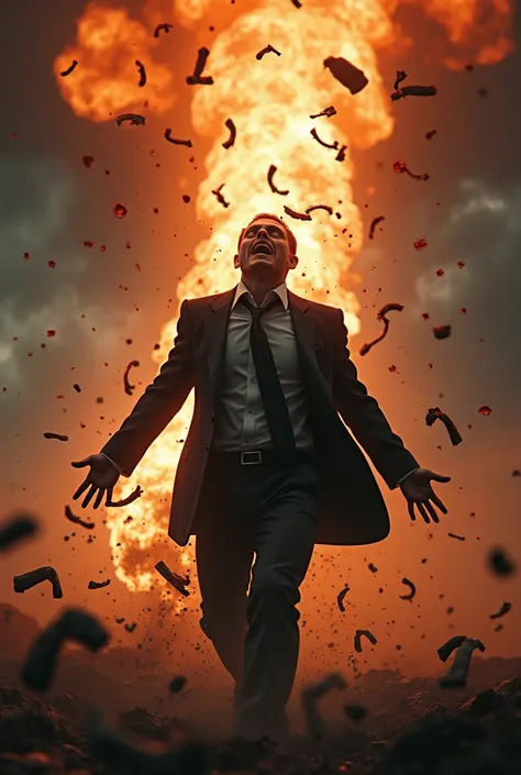 ground angle view Photorealistic, hyperdetailed, portrait of a super sad ,crying loudly, handsome man in sluggish dirty with massive bloody blood stain on dark blue suit , full body and legs shattered  (( massive explode)) into pieces to the sky. he flying...